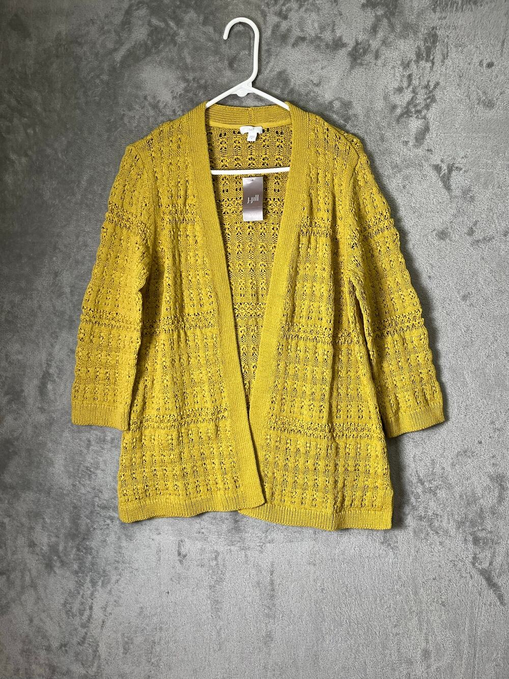 J.Jill Harvest Sun Yellow Open Knit Crochet Duster Cardigan Sweater Size M New